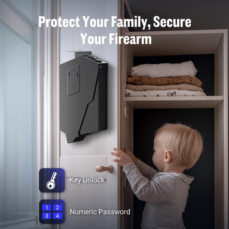 ADIMO Handgun Safe, Sturdy Steel Keypad Hidden Gun Safe, Single Gun Safe for 3-Way Drop-Down Install, Light&Silent Mode Quick Access Gun Safe for Car Desk Bedside Use, Keep Kids from Firearms Key Lock ADIMO