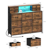 Welfuturer Rustic Dresser with Charging Station and LED Lights Large 13 Drawers Dresser Fabric Chest of Drawers for Bedroom Living Room Hallway Entryway Closets Sturdy Frame Wood Top Brown Welfuturer