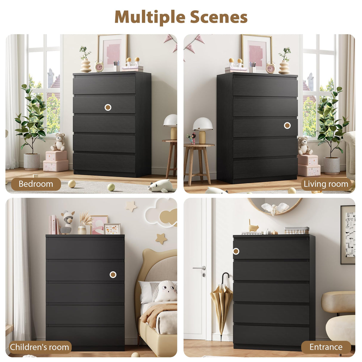 Jocoevol Black 5 Drawer Dresser for Bedroom, 15" D x 23.7" W x 40.4" H in Simply Chest of Drawers, Wood Storage Dresser with Drawers for Living Room Hallway Entryway, Black Jocoevol