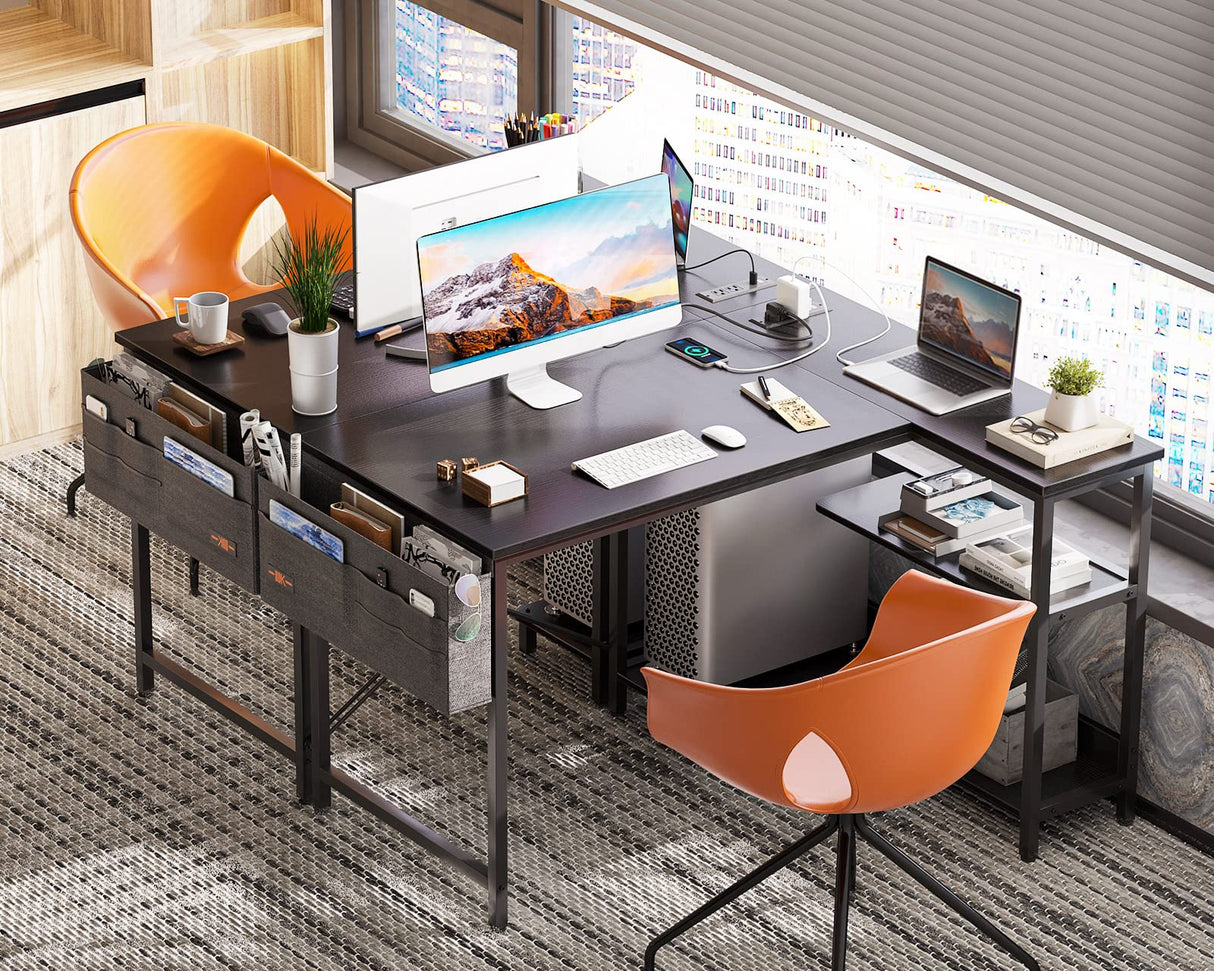 ODK 40 Inch Small L Shaped Gaming Computer Desk with Power Outlets, Reversible Storage Shelves & PC Stand for Home Office, Simple Writing Study Table with Storage Bag for Small Space, Black ODK
