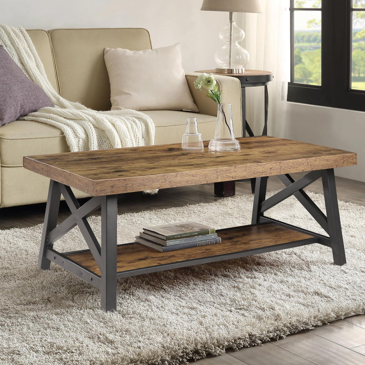 iWEDN 47'' Large Wood Coffee Table with Storage Shelf, Farmhouse Coffee Table with X-Shaped Legs, Rustic Brown Metal Rectangle Center Living Room Coffee Table Accent Furniture for Home iWEDN