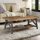 iWEDN 47'' Large Wood Coffee Table with Storage Shelf, Farmhouse Coffee Table with X-Shaped Legs, Rustic Brown Metal Rectangle Center Living Room Coffee Table Accent Furniture for Home iWEDN