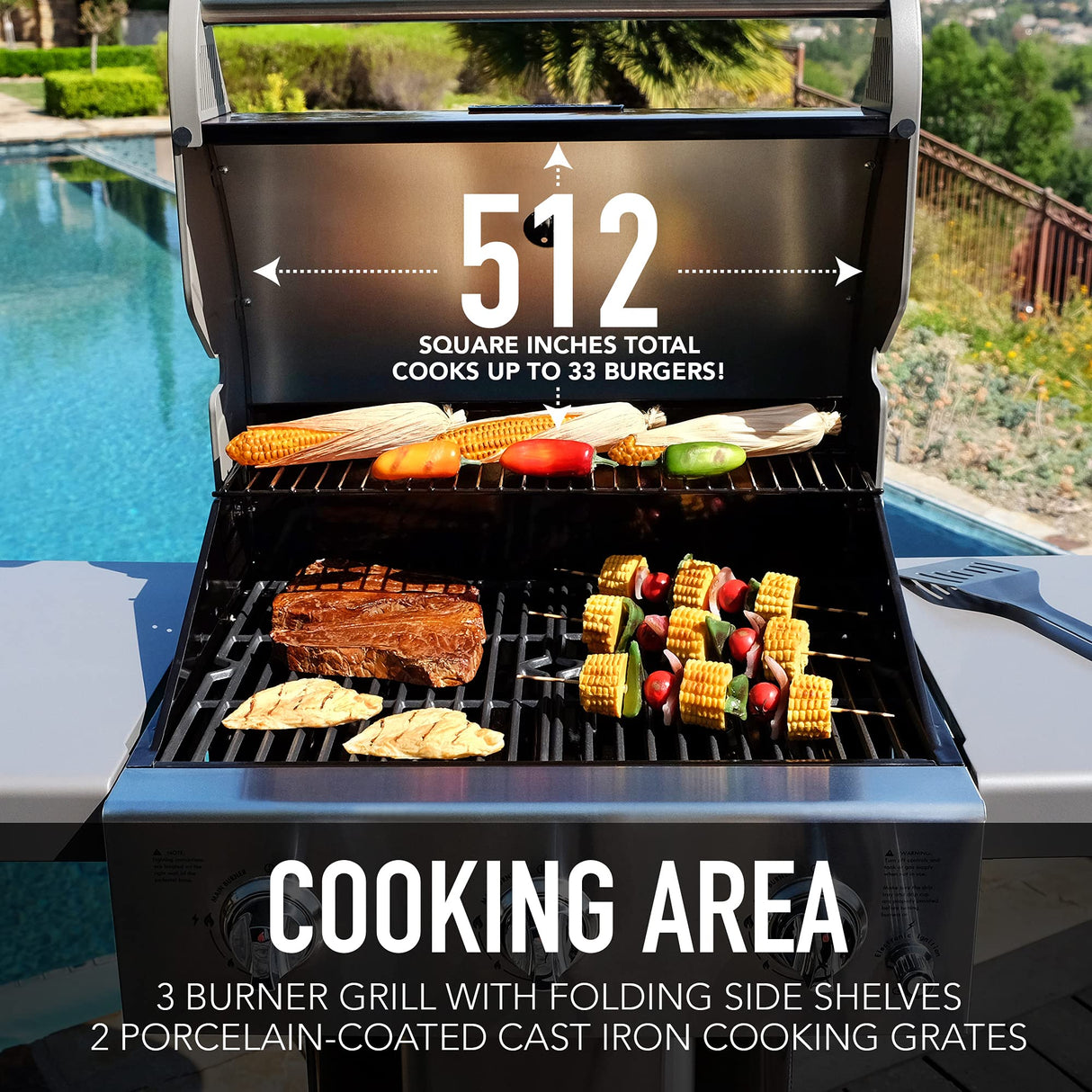 Permasteel 3-Burner Propane Gas Grill, 30,000 BTUs BBQ Grill with Cast Iron Grates, Foldable Side Tables & Tool Hooks, Outdoor Grill, Azure Permasteel