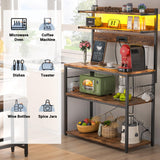 Aheaplus Bakers Rack with Power Outlet, Microwave Stand, 5 Tiers Coffee Bar Station with Led Lights, Kitchen Storage Shelf with 6 S-Shaped Hooks, Kitchen Rack Coffee Bar Stand, Rustic Brown Aheaplus