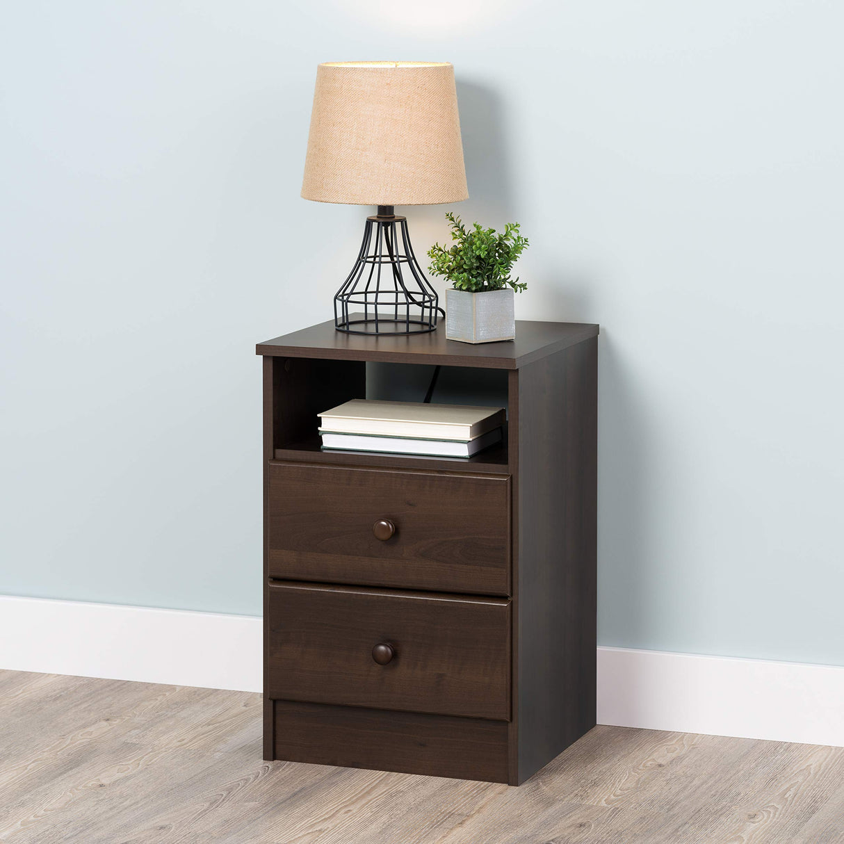 Prepac Astrid Simplistic Nightstand Side Table with 2 Drawers and Open Shelf, Functional Bedside Table 15.5" D x 16" W x 24.5" H, Espresso, EDNH-0402-1 Prepac