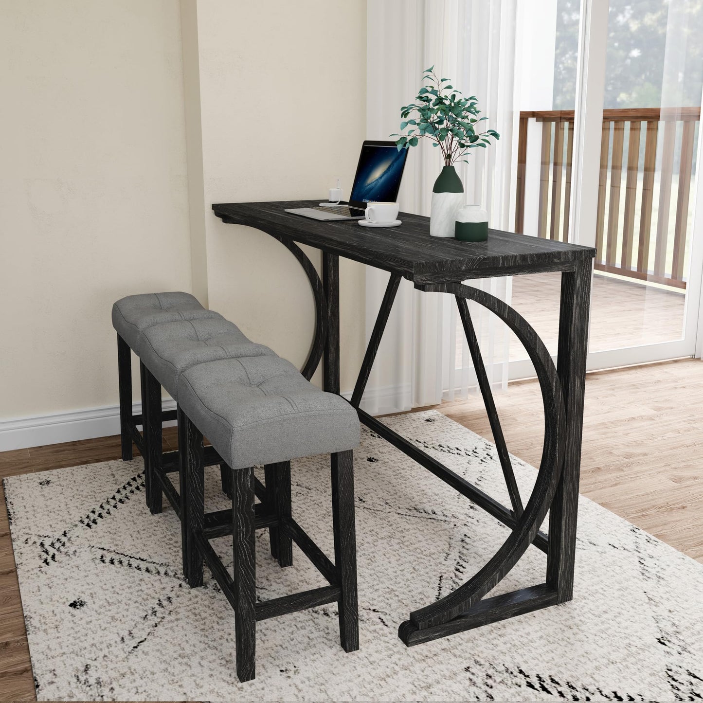 Holaki Industrial Bar Table and Chairs Set with USB Port - 4 Piece Grey and Black Console Table and Padded Stools - WoodArtSupply