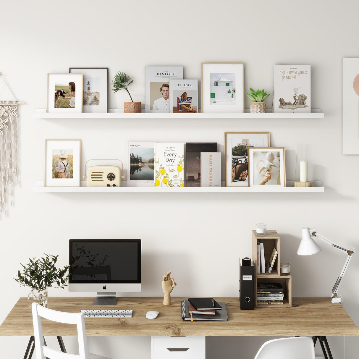 FLYJOE 72'' Solid Pine Wood Floating Picture Ledge Shelf Set of 2 in White for Kids' Room and Home Decor FLYJOE