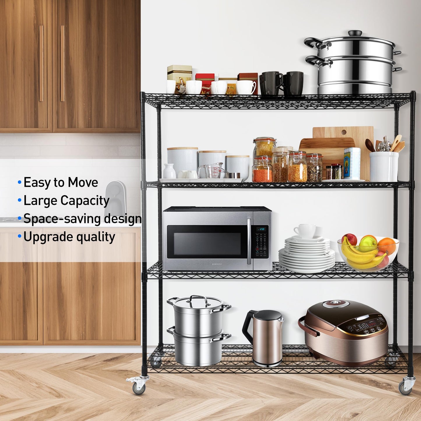 Rengue 4-Tier Wire Shelving with Wheels, 60"x 24"x72" Metal Storage Shelves, Heavy Duty Garage Storage Shelves, Chrome 2400LBS Capacity Wire Shelf Rack for Restaurant, Garage, Pantry, Black