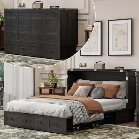 EITACHUL Solid Wood Murphy Storage Bed: Queen Size Murphy Bed with USB Port and Strong Drawer for Bedroom/Guest Room/Living Room（Mattress Not Included） Brown Black-12 EITACHUL