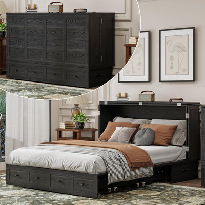 EITACHUL Solid Wood Murphy Storage Bed: Queen Size Murphy Bed with USB Port and Strong Drawer for Bedroom/Guest Room/Living Room（Mattress Not Included） Brown Black-12