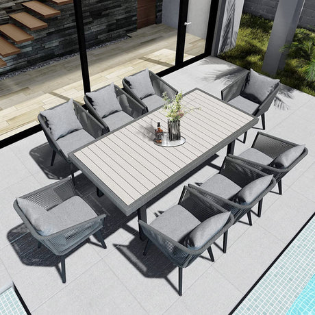 Home Care Wholesale 9 Pieces Patio Dining Set for 8 - All Weather Outdoor Dining Sets, All in One Outdoor Table and Chairs, Wicker Outdoor Patio Furniture Sets with Cushions and Pillows, Grey Home Care Wholesale