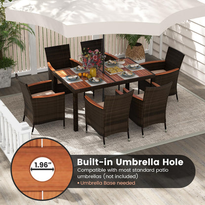 Tangkula 7 Pieces Outdoor Wicker Dining Set, Patio Dining Furniture Set with Acacia Wood Table and 6 Stackable Chairs, Outdoor Table and Chairs Set with 1.96” Umbrella Hole and Cushions