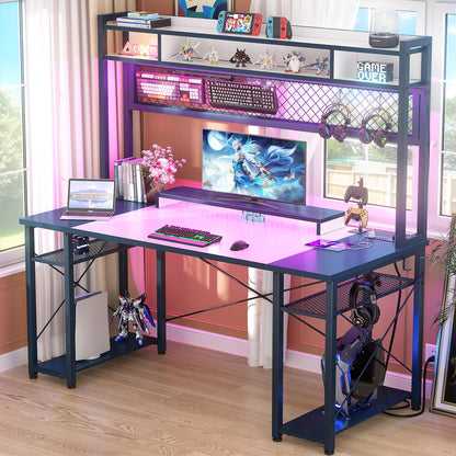 iSunirm 55 Gaming Desk with Hutch, Large Computer Desk with LED and Charging Station, Home Office Desk with Pegboard, Power Outlet, Storage and Monitor Stand, 55.2'' Gamer Desk PC Table, Whit - WoodArtSupply