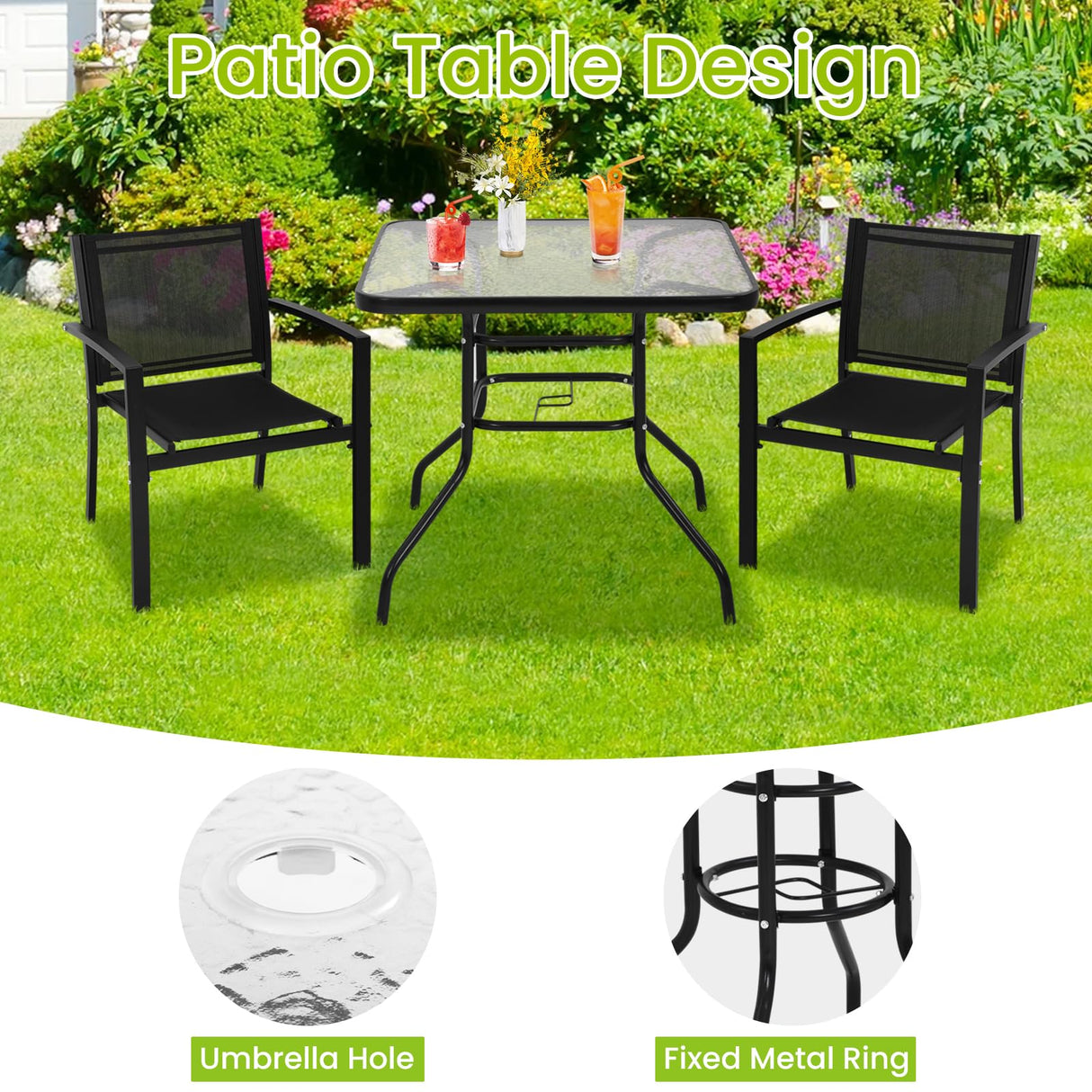 RROCOSIA 32 Inch Outdoor Bistro Table, Square Patio Table Tempered Glass Bistro Dining Set with Umbrella Hole for Garden, Balcony, Yard, Bars & Restaurant RROCOSIA