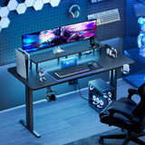 HLDIRECT 47 Inch Gaming Desk with LED Lights & Power Outlet, Computer Gamer Desk with Monitor Stand, Ergonomic Carbon Fiber Gaming Table Home Office Desk with Cup Holder, Headphone Hook & Mouse Pad HLDIRECT
