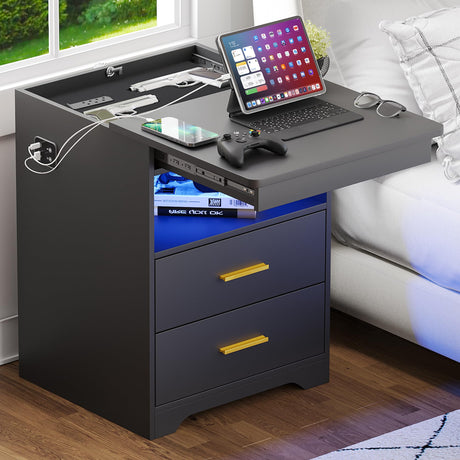 JDPAG LED Nightstand with Lockable Gun Drawer,End Table with Charging Station,Bedside Table with 3 Color Dimmable LED Light via Touch Screen,Night Stand with USB&Type-C Ports and 2 Drawers JDPAG