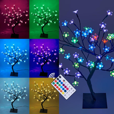 LIGHTSHARE 18 Inch Cherry Blossom Bonsai Tree, 48 LED Lights, RGB with Remote Control, 16 Color-Changing Modes, 24V UL Listed Adapter Included, Metal Base Ideal As Night Lights LIGHTSHARE