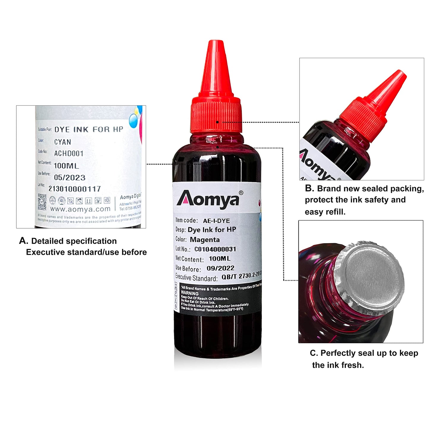 Aomya Ink Refill Kit 100ml for HP 67 61 65 60 62 63 910 920 901 902 932 933 934 940 952 94 95 96 Inkjet Printer Cartridges Refillable Ink Cartridges CIS CISS System 4 Color Set with 4 Syringes