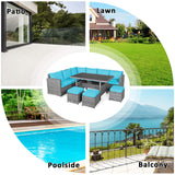 Tangkula 7 Pieces Patio Furniture Set, Outdoor Sectional Rattan Sofa Set with Cushions, All Weather Wicker Conversation Couch Set w/Dining Table & Ottomans for Backyard Garden Poolside (Turquoise) Tangkula