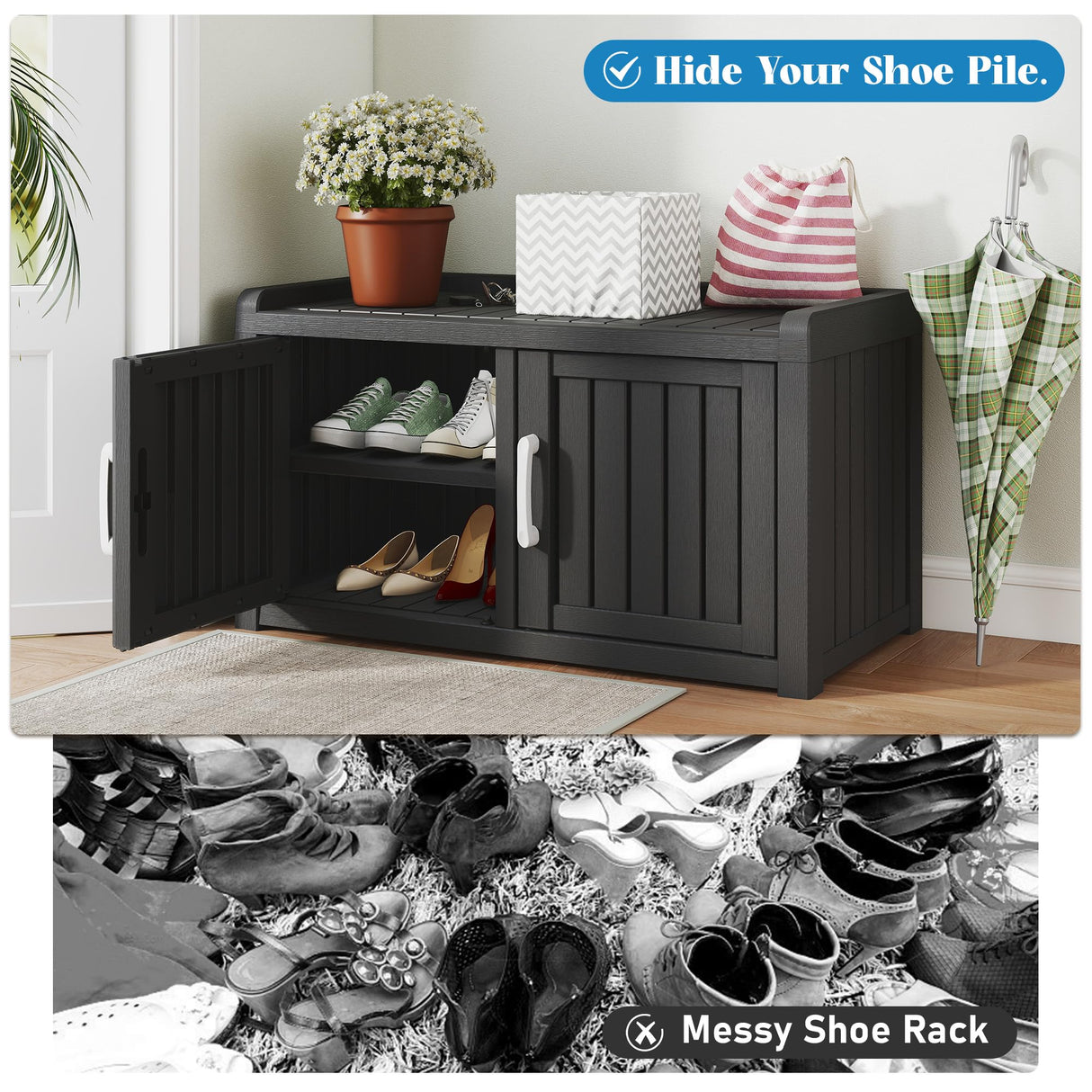 KAMABOKO Outdoor Shoe Storage Cabinet, Waterproof UV-Resistant Entryway Storage Bench Indoor Outdoor with 2 Barn Doors, Adjustable Shelves for Entryway, Bedroom, Hallway,Living Room(Black) KAMABOKO