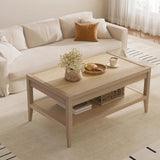 SICOTAS Rattan Coffee Table for Living Room - Boho Rectangular Dining Center Table with 2 -Tiers Rattan Storage Shelf, Farmhouse Accent Table for Living Room, Home Office, Light Oak SICOTAS