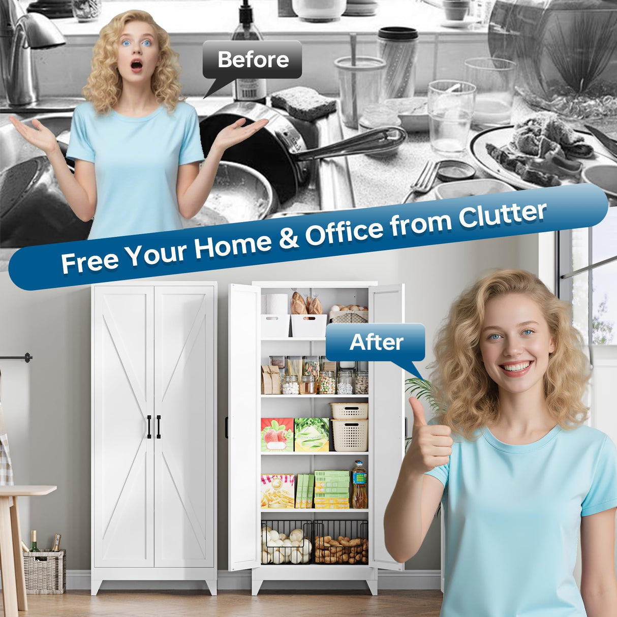 PEUKC 75" Farmhouse Metal Storage Cabinet with Doors and 4 Adjustable Shelves, Large Pantry Organizer for Kitchen, Dining Room, and Living Room,Assemble Require(White) PEUKC