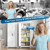 PEUKC 75" Farmhouse Metal Storage Cabinet with Doors and 4 Adjustable Shelves, Large Pantry Organizer for Kitchen, Dining Room, and Living Room,Assemble Require(White) PEUKC