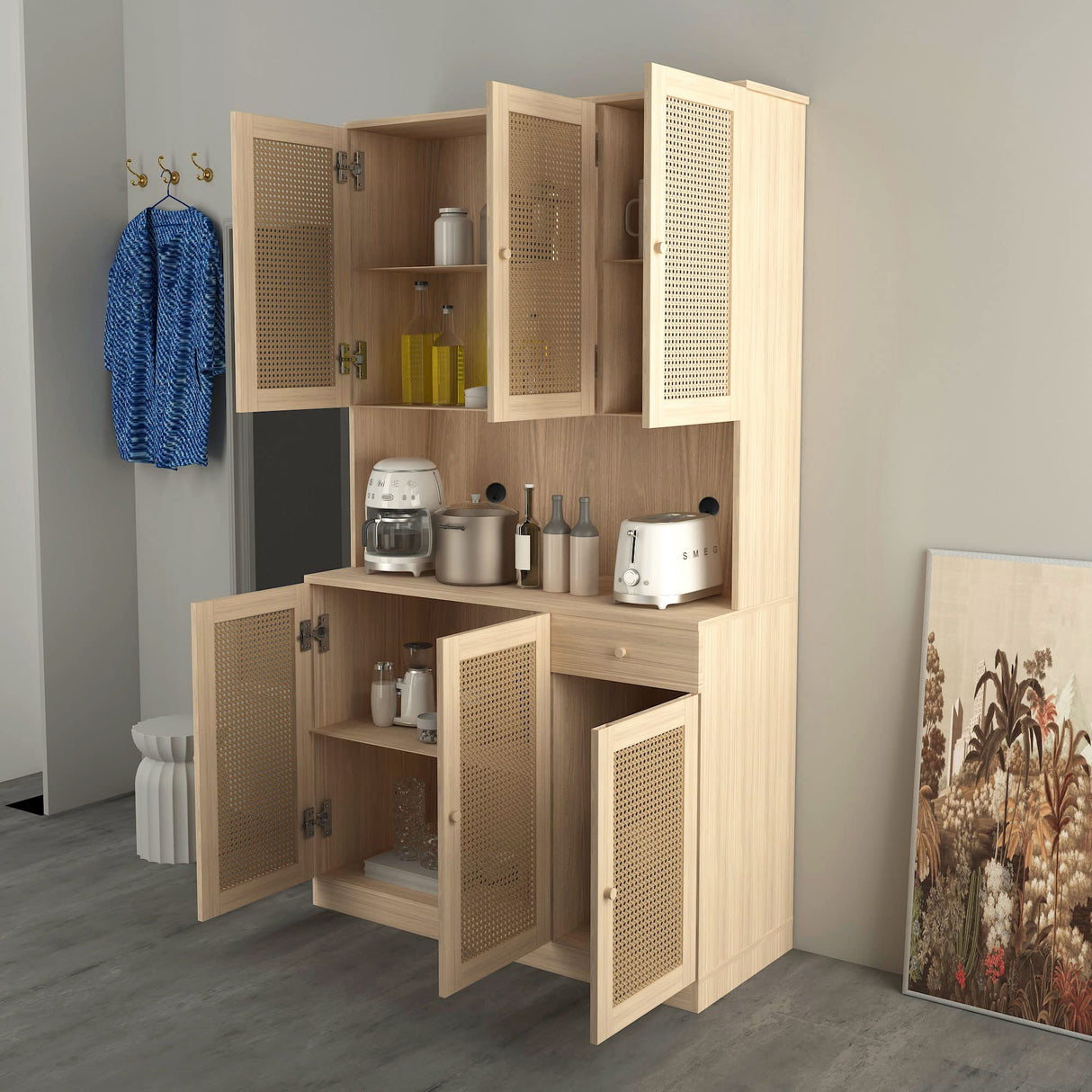 Wirrtory 71” Walnut Rattan Freestanding Kitchen Pantry Cabinet with 6 Doors and Drawer wirrytor