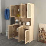 Wirrtory 71” Walnut Rattan Freestanding Kitchen Pantry Cabinet with 6 Doors and Drawer wirrytor