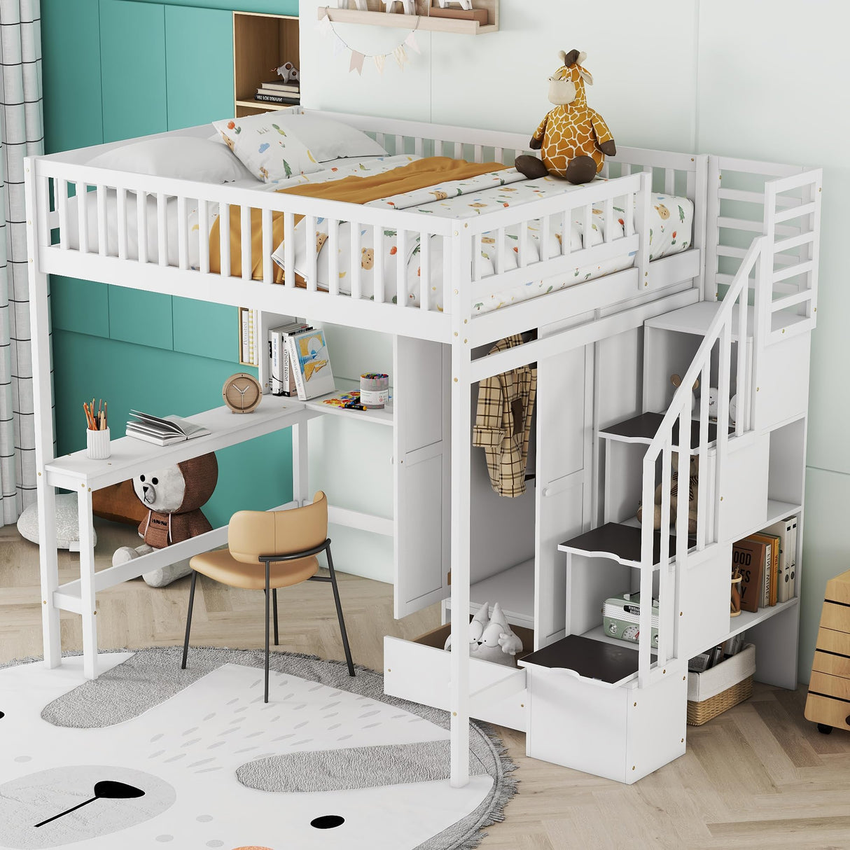 Merax Full Loft Beds Stairway Loft Bed Frame with Wardrobe, Desk, Bookshelf and Drawers, White Merax