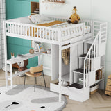 Merax Full Loft Beds Stairway Loft Bed Frame with Wardrobe, Desk, Bookshelf and Drawers, White Merax