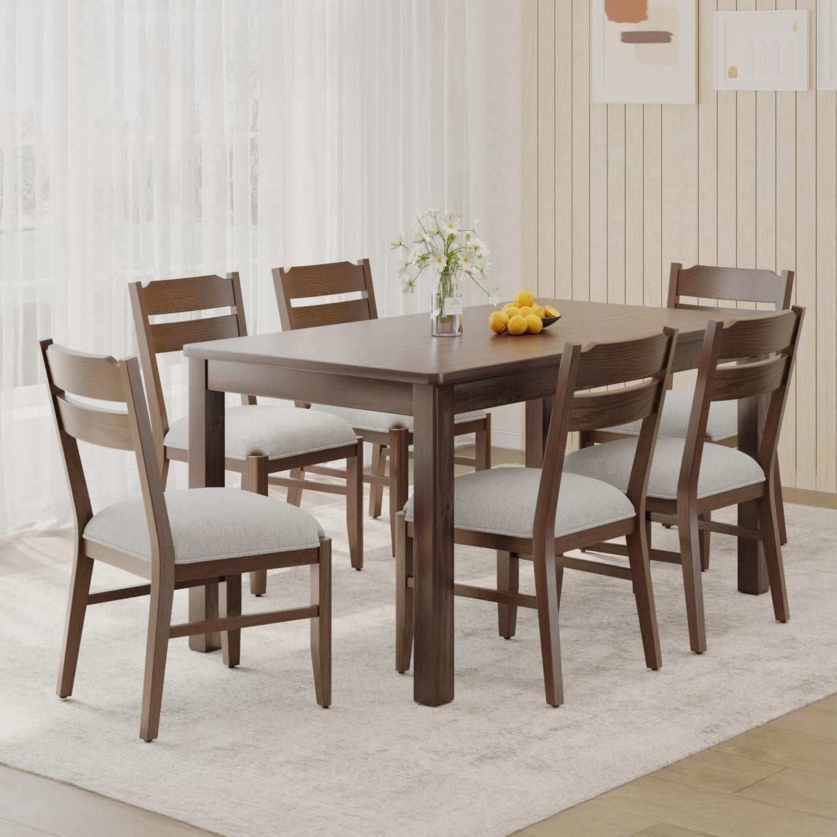 COLAMY Wooden Dining Chair with Fabric Upholstered Seat Set of 6, Modern Farmhouse Ladder Back Dining Room Chair, Solid Wood Transitional Kitchen Chair, Dark Brown COLAMY