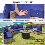 PaPaJet 11-Piece Patio Furniture Set, Half-Moon Outdoor Wicker Sectional Sofa with Large Storage Wedge Table, All-Weather Wicker Conversation Set for Backyard, Garden, or Deck, Blue PaPaJet