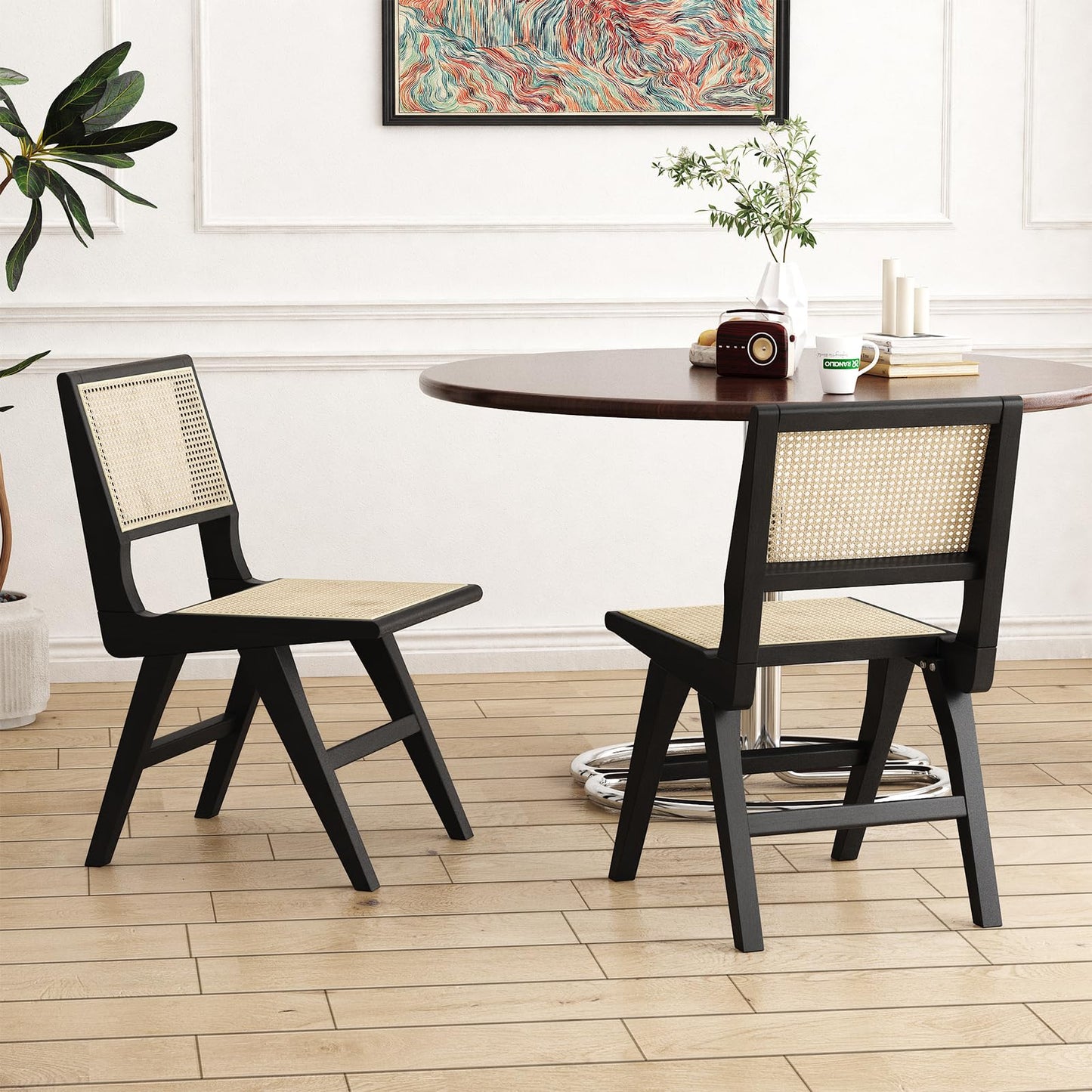 Accent Chair Dining Chairs Set of 2, Solid Wood Frame Boho Rattan Chair, Mid Century Modern Accent Chairs for Living Room Bedroom Dining Room Kitchen(Black) - WoodArtSupply