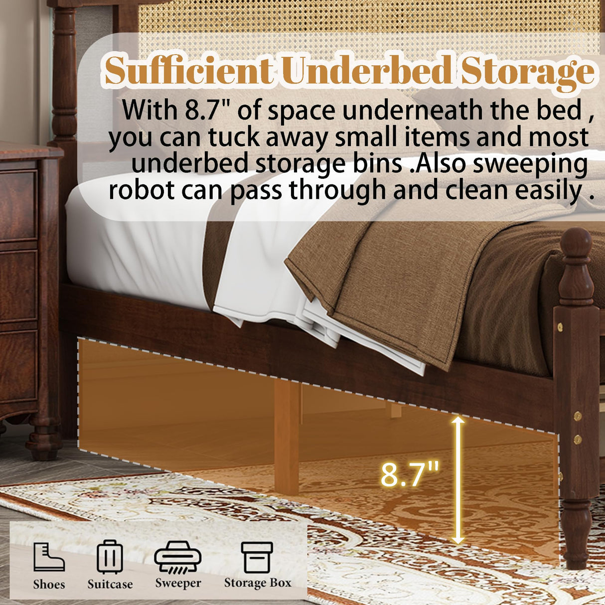 MoproBeti Queen Bed Frame with Rattan Headboard and Footboard, Rubber Wood Platform Bed Frame with Large Under Bed Storage,Boho and Mid Century Style, No Box Spring Needed, Easy Assembly,Walnut MoproBeti