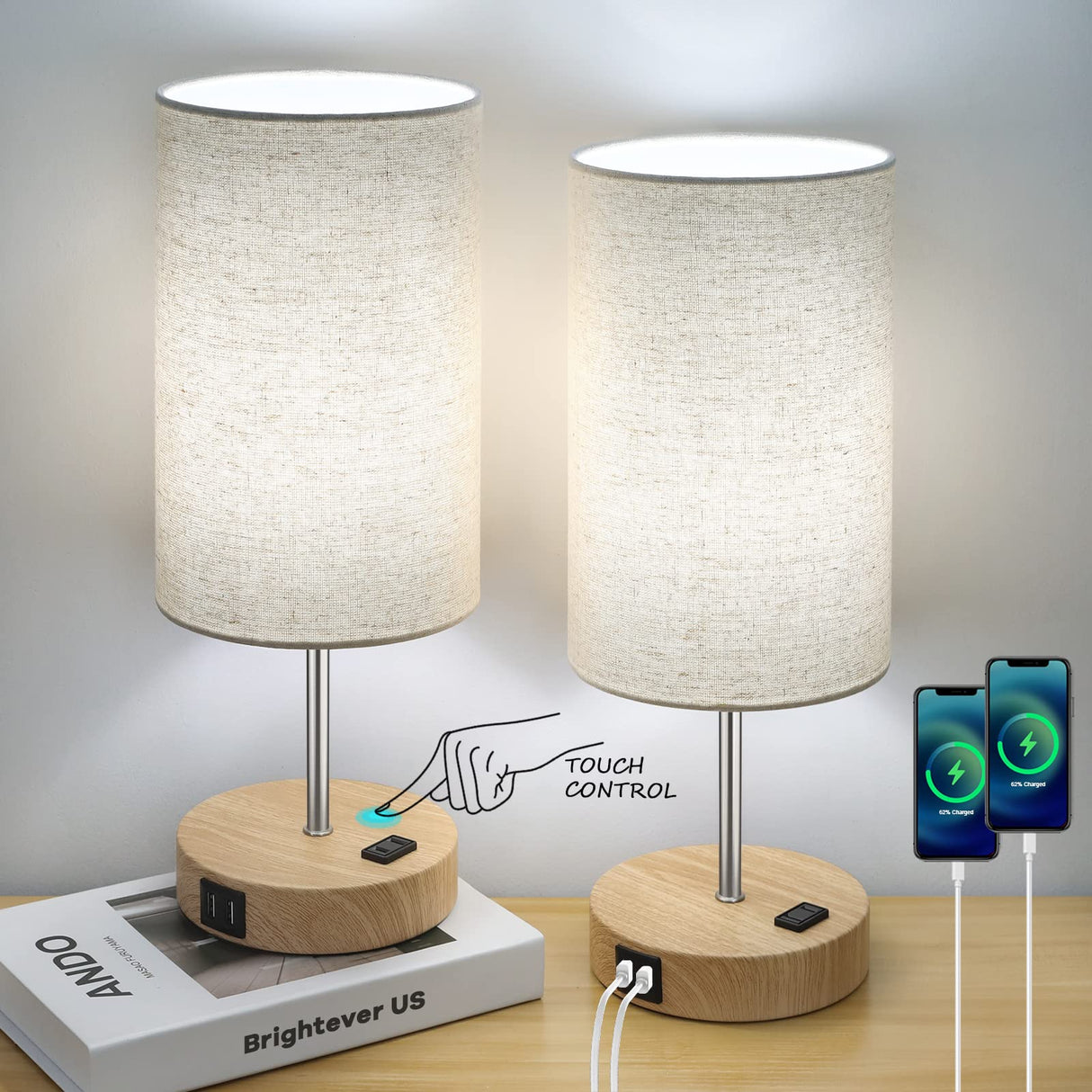 Bedside Table Lamps with 2 USB Charging Ports & AC Outlet, Set of 2 Touch Control Wooden Base Nightstand 3-Way Dimmable Lamps with Beige Fabric Shade for Bedroom, Living Room, A19 E26 Bulbs Included Brightever