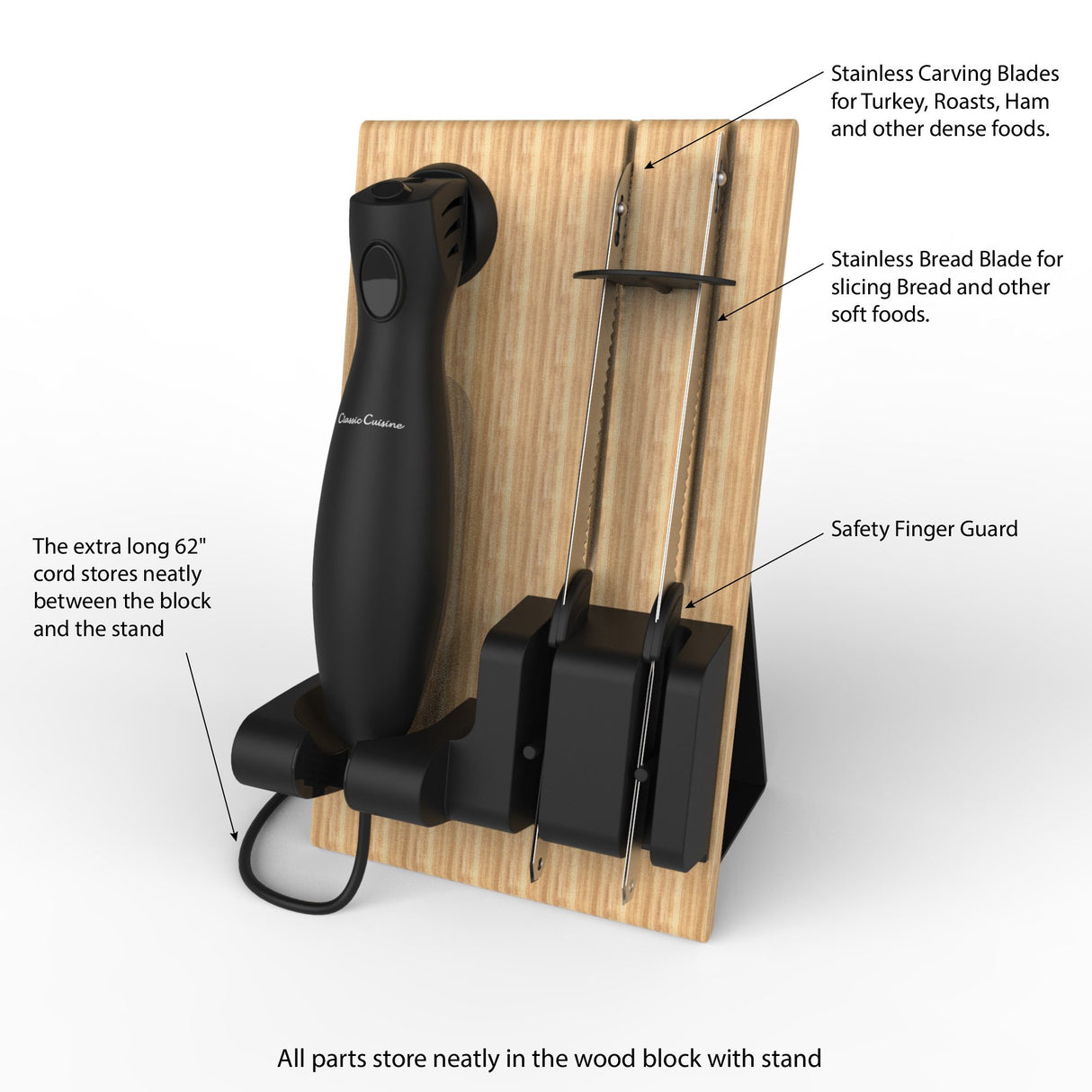 Classic Cuisine Electric Carving Knife Set - 2 Stainless-Steel Blades, Comfort Grip Handle, and Wood Storage Block for Slicing Bread, Meat and More Classic Cuisine