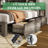 AMERLIFE King Size Bed Frame with 4 Storage Drawers, LED Bed Frame with 49“ Tall Bookcase Headboard, Wood Platform Bed with Charging Station & 2 Slide Bedside Shelf, No Box Spring Needed/Rustic Grey AMERLIFE