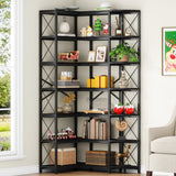 Condemo 7-Shelf Reversible Corner Bookshelf, Modern Industrial Tall Bookcase, 7-Tier Large L-Shaped Storage Shelf Display Rack with Metal Frame for Living Room, Home Office, Bedroom, Black Condemo