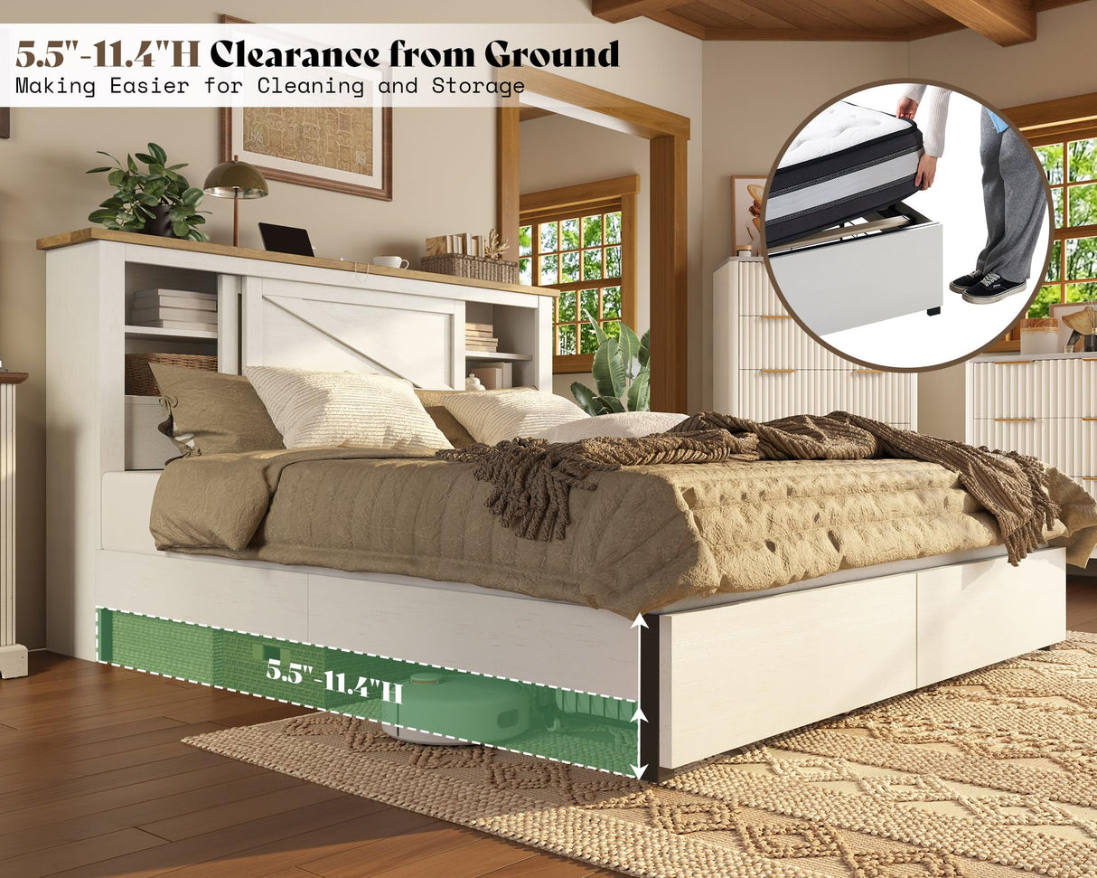AMERLIFE King 47.2" H Bed Frame with Hidden Space Bookcase Headboard and Charging Station, Beds with 2 Storage Drawers and Wood Slats, No Box Spring Needed, White & Barnwood AMERLIFE