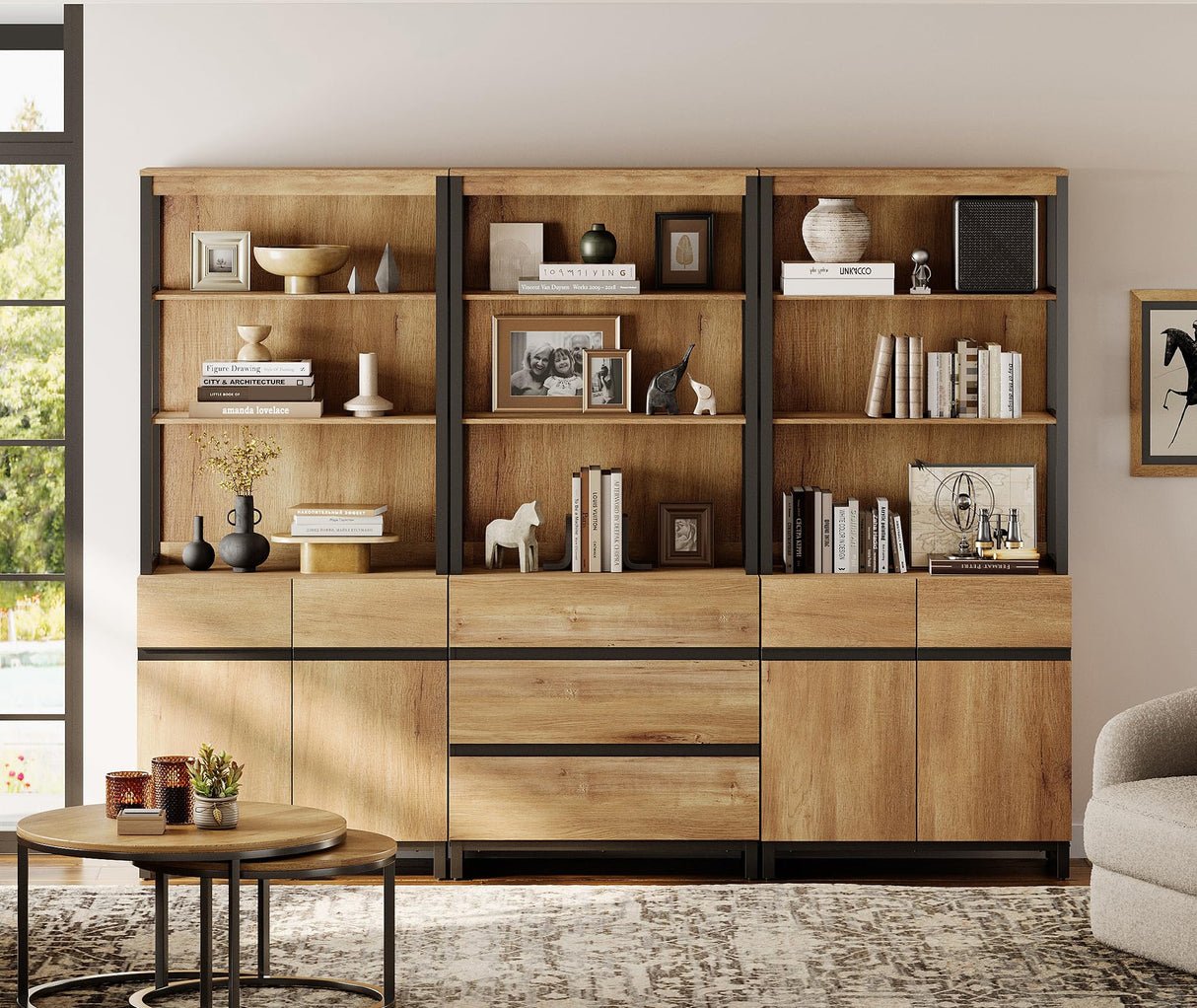 WAMPAT 3 PCS Modern 72" Tall Bookcase with 3 Drawers and Adjustable Shelves, Library Book Shelf with Storage Cabinet and Open Shelving, Wood Freestanding Bookshelves for Home Office, Living Room, Oak WAMPAT