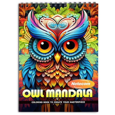 Netecom Owl Mandala Coloring Book Spiral Bound for Adults, Soft Cover, 30 Calming Coloring Pages in Owl Mandala Designs for Stress Relief and Relaxation Netecom