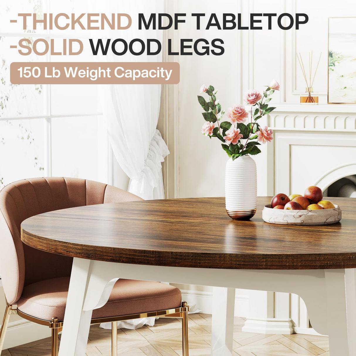 Tribesigns Round Dining Table for 4-6, 47-Inch Farmhouse Kitchen Table with Solid Wood Legs for Kitchen, Dining Room, Living Room (White and Rustic Brown) Tribesigns