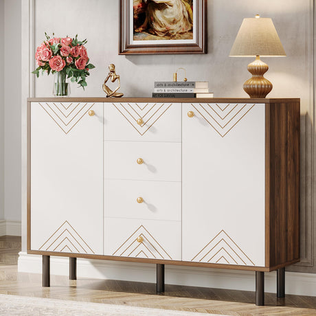 Tribesigns Buffet Sideboard with 4 Drawers, Large Buffet Cabinet with Storage and Doors, Farmhouse Credenza Console Accent Cabinet for Entryway, Kitchen, Living Room, Vintage Brown and White Tribesigns
