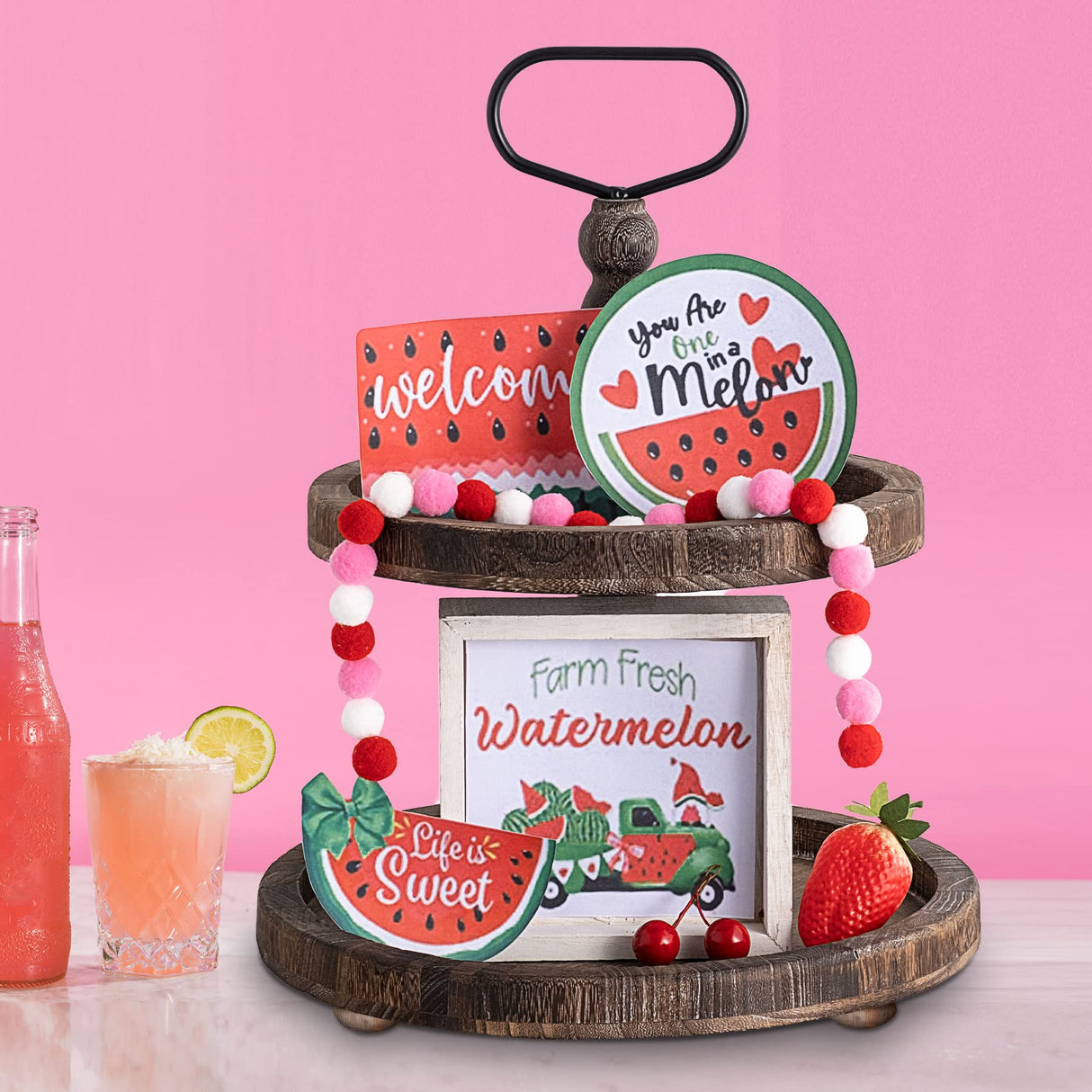 Mustry Rustic Wooden 2 Tiered Tray, Round Farmhouse Kitchen Table Decor Serving Tier Tray, Food Fruits Cupcake Display Coffee Bar Home Party Seasonal Decorations (Brown) mustry