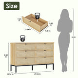 Modern 6 Drawer Dresser with Natural Rattan Drawers, Industrial Wood Double Dresser for Bedroom with Sturdy Steel Legs, Closet Storage Dressers Organizer TV Stand Dresser for Living Room Hallway Yechen