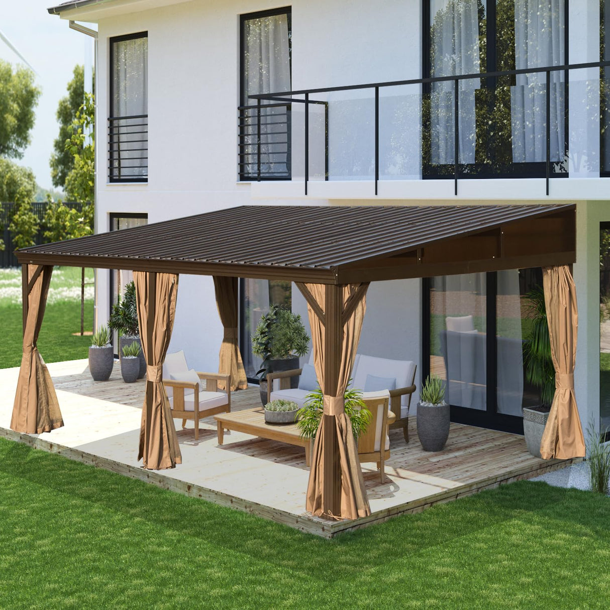 Domi 12x16FT Wall-Mounted Hardtop Gazebo, Aluminum Lean to Gazebo with Galvanized Steel Sloping Roof, Curtains & Netting for Outdoor Patio, Deck, Backyard, Garden Parties domi outdoor living