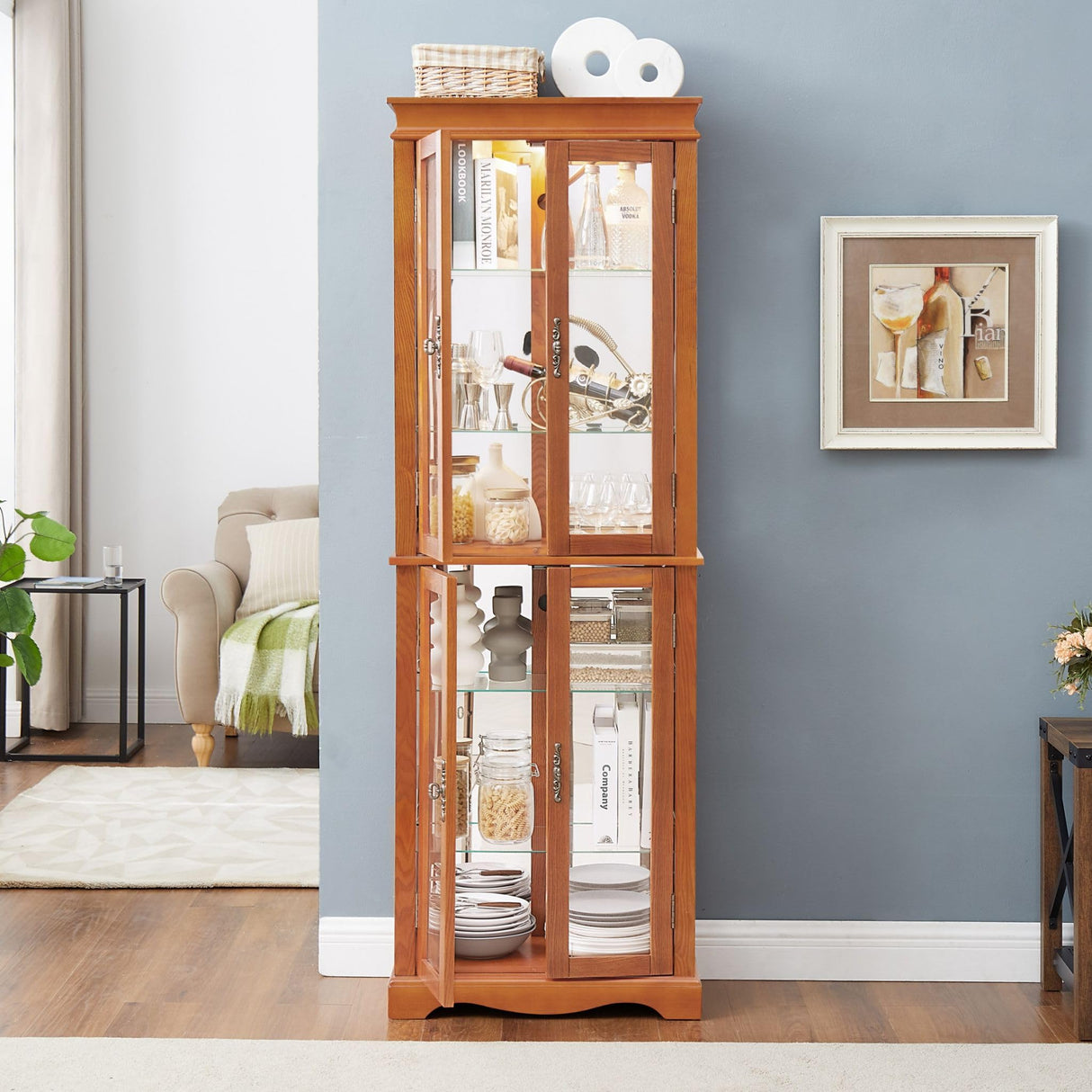 CKEASEAN Curio Cabinet 71" Lighted Glass Display Cabinet, Display Curio Cabinet with Adjustable Glass Shelves Vintage, China Cabinet Light Bulb Included, Curio Storage Cabinet & 6 Shelves(Dark Oak) CKEASEAN