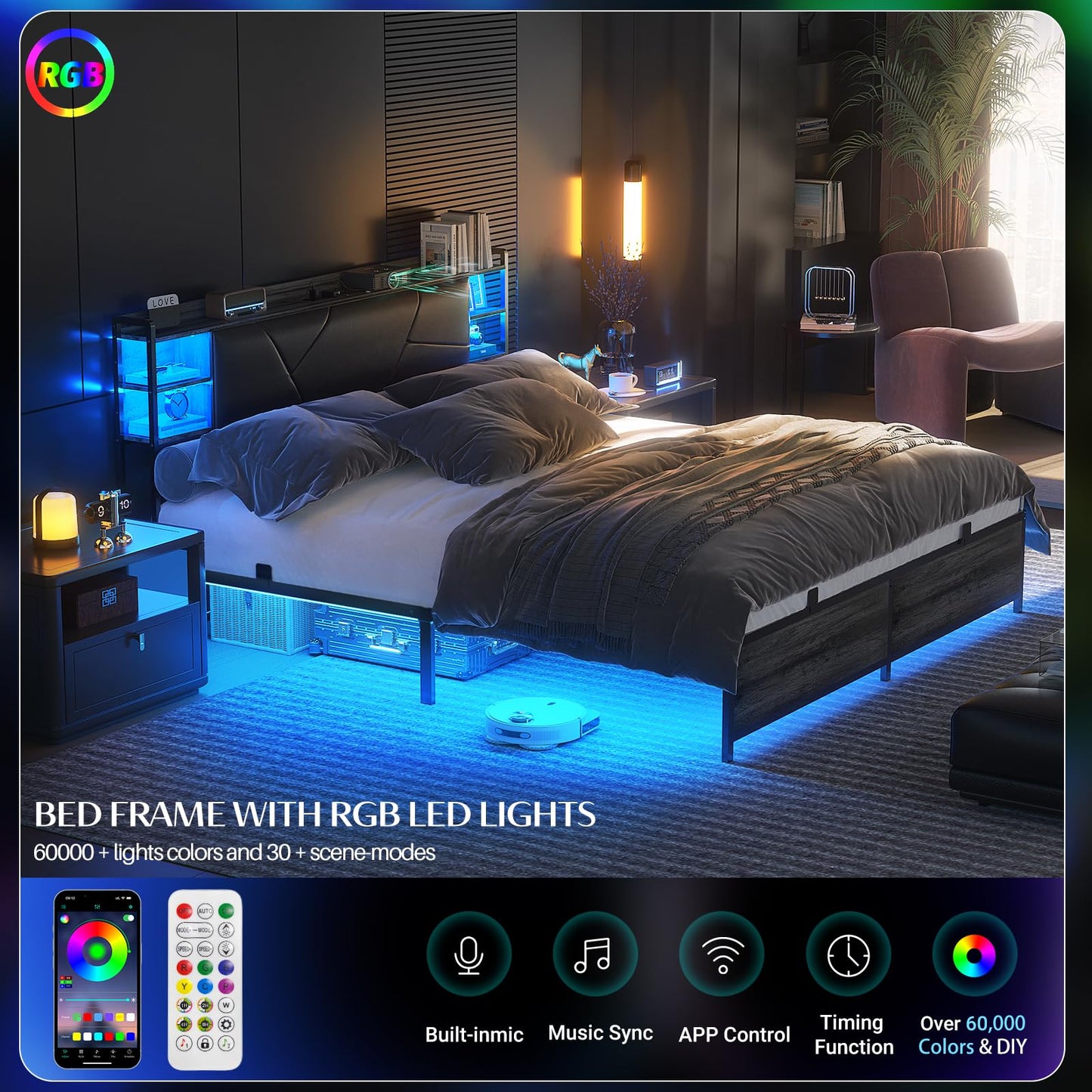 Unikito Grey Oak King Size Bed Frame with RGB LED Lights, USB Charging Ports, and Storage Headboard - WoodArtSupply