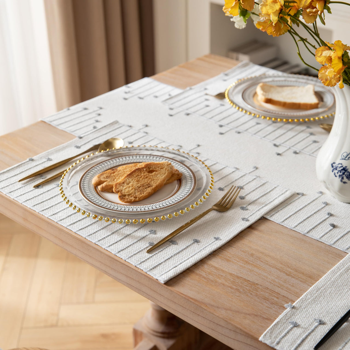 Placemats Set of 4 for Dining Table Décor, Woven Cloth Place Mats for Farmhouse Kitchen Tabletop, Handcrafted Machine Washable Cotton Table mats 13 x 19 Inch, Grey and Beige Caflife